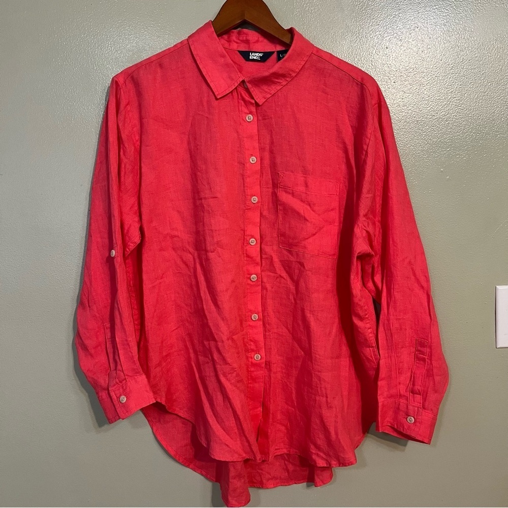 Lands End Womens Hot Pink 100% Linen Button Up Shirt Roll Top Sleeves LP/14/16